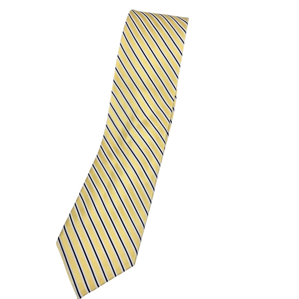 Vtg 80s 90s Chaps 100% Silk Tie Yellow w Diagonal Navy Stripes Preppy Yuppie EUC